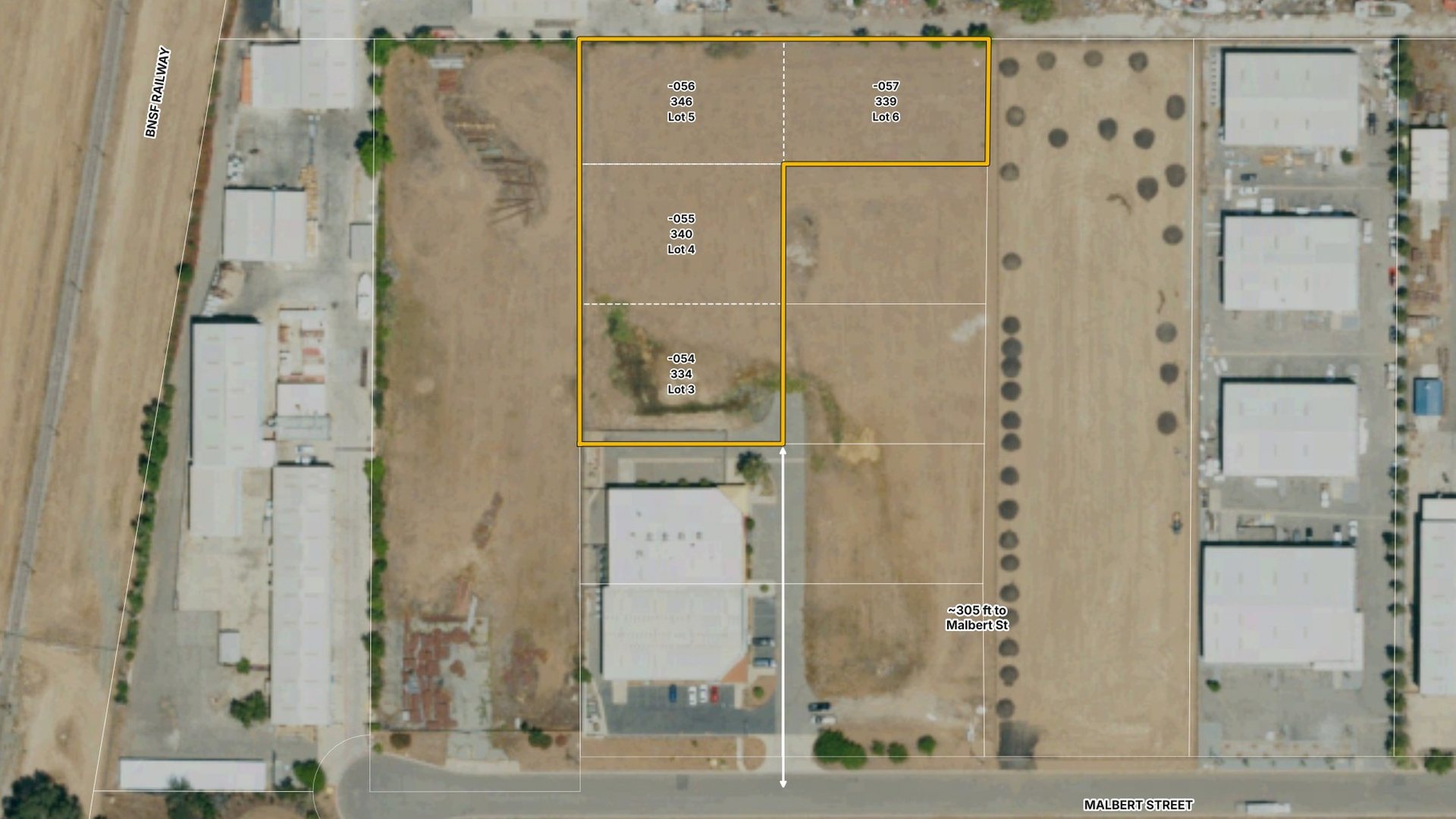 Aerial photo with the assessor lot lines for APNs 330-040-054 to -057 north of Malbert St