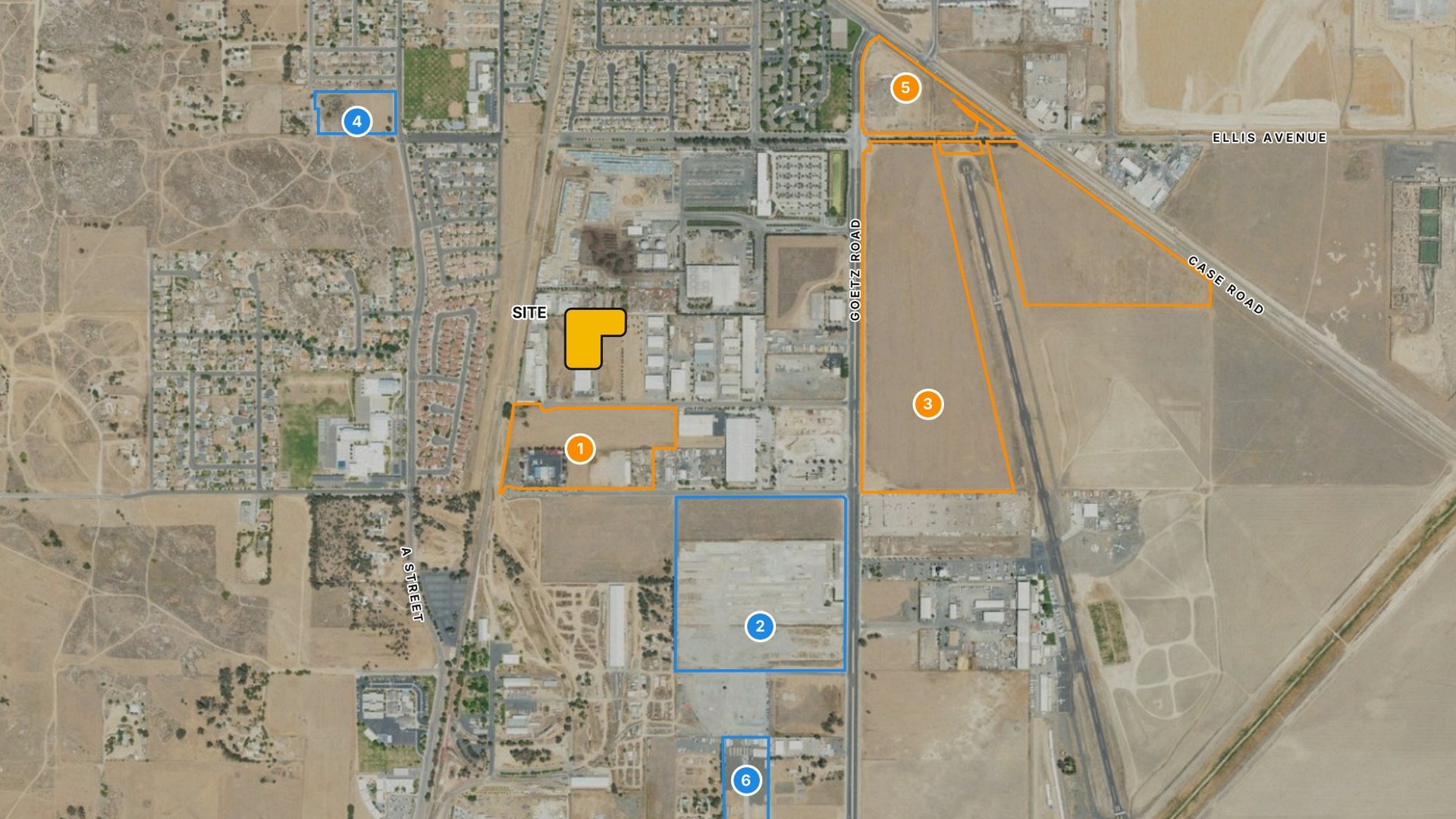 Aerial context map with City-mapped development sites numbered 1 to 6 around the subject